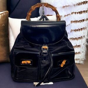 GUCCI Bamboo Patent Leather/Canvas Backpack Black with Dust Bag vintage